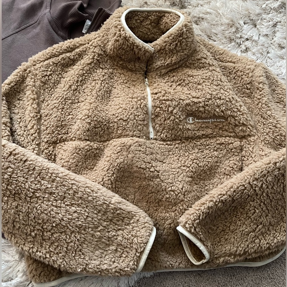 Champions cropped teddy sweater, workout cropped sweater and striped sweater.